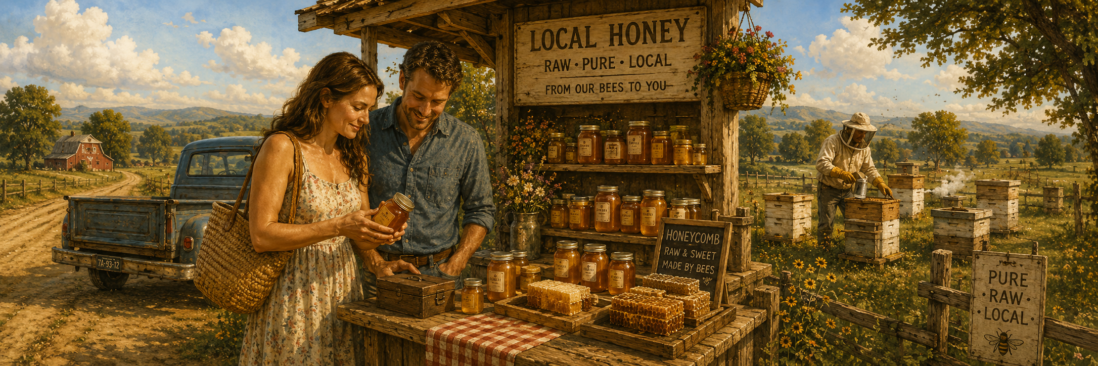 Illustration representing buyers shopping at a roadside stand