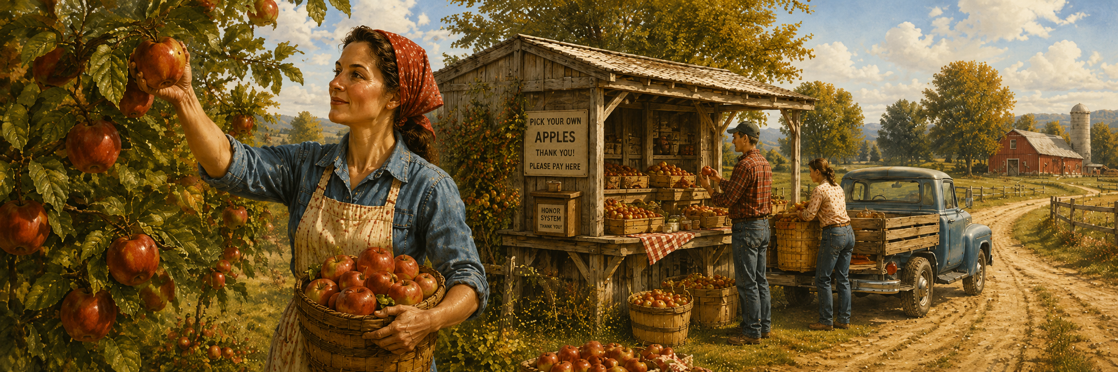 Illustration representing sellers setting up a roadside stand