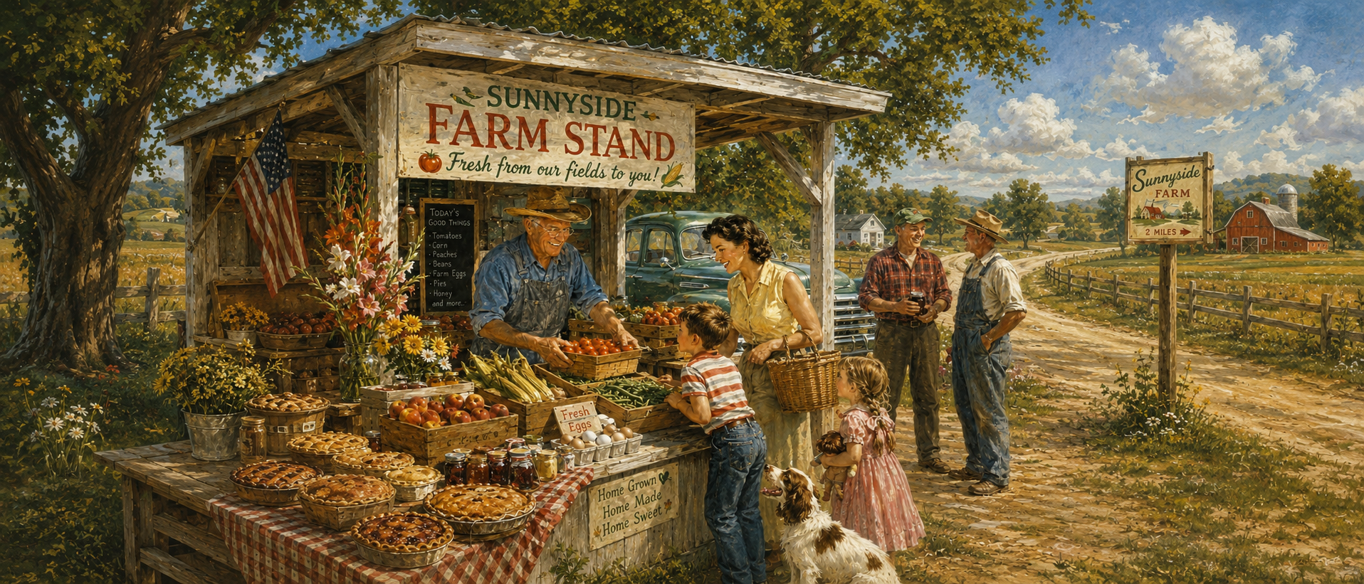 Illustration of a rural roadside farm stand with fresh produce, pies, and a family stopping to shop